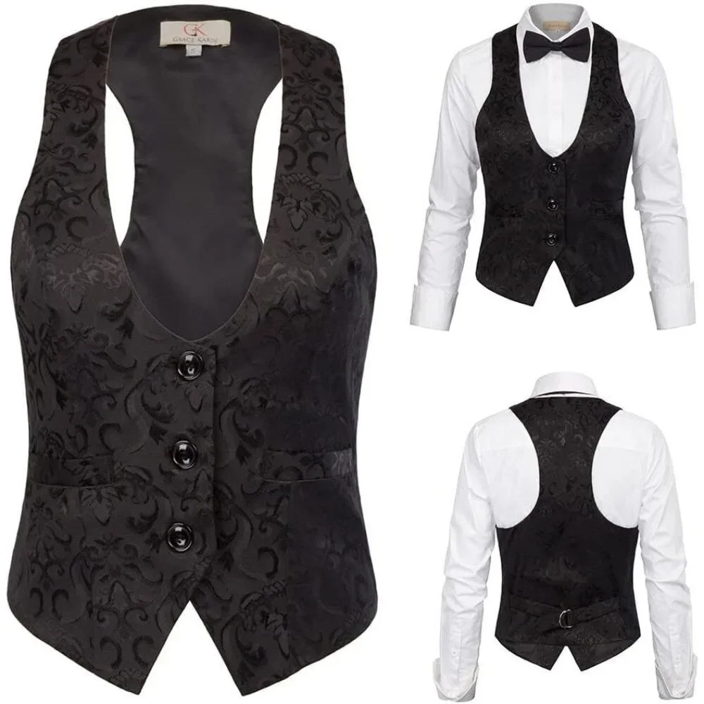 Womens Waistcoat Vest Vintage Steampunk Dress Racerback Jacquard Jacket - Picture 5 of 7